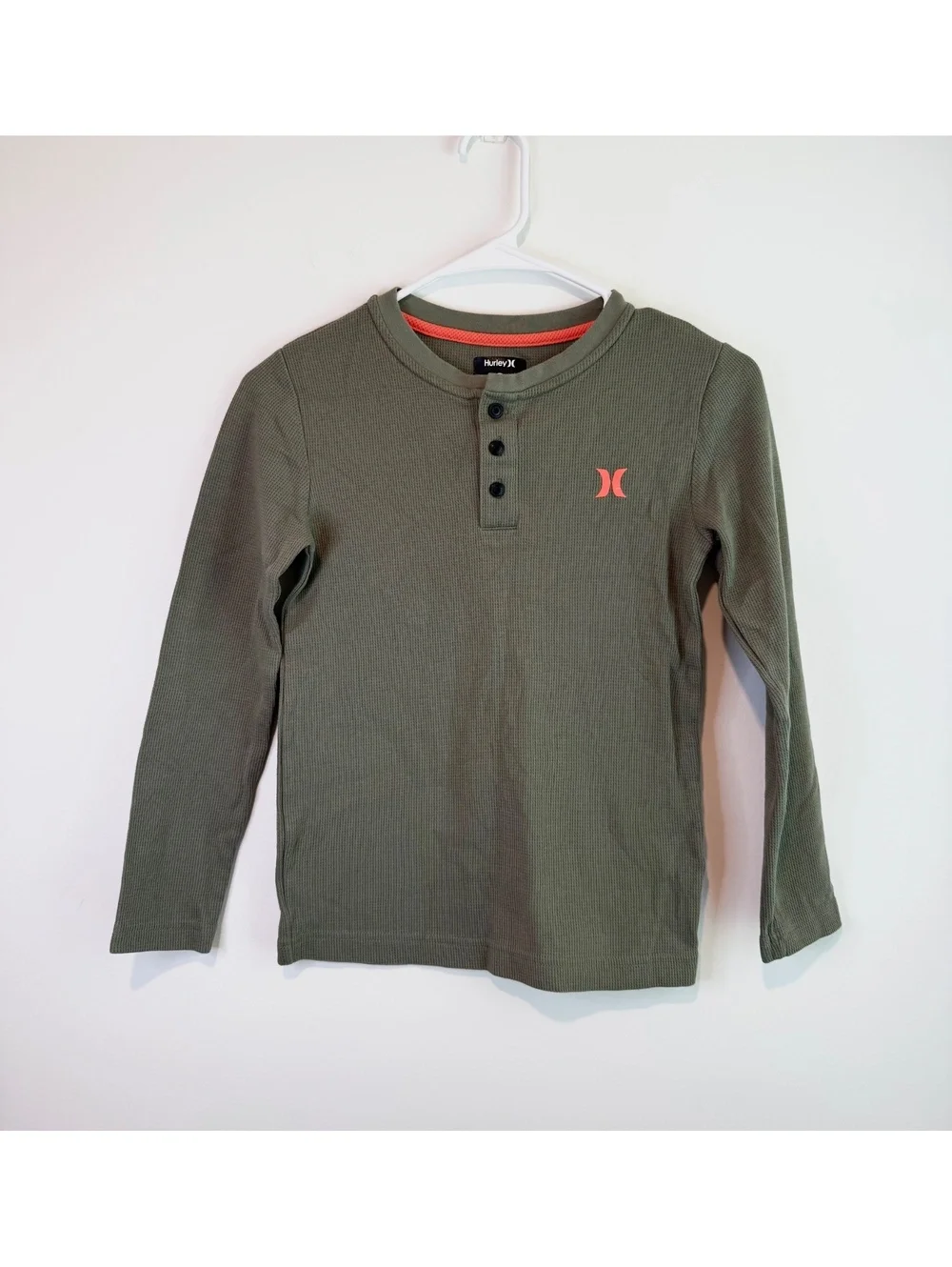 Hurley Boys' Long Sleeve Olive Green Waffle Knit Henley Shirt Size 8